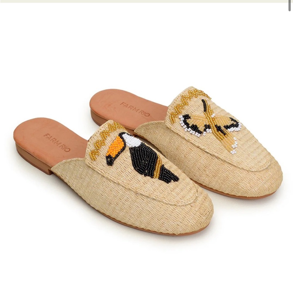 FARM RIO TOUCAN BEADED RAFFIA MULES 7.5